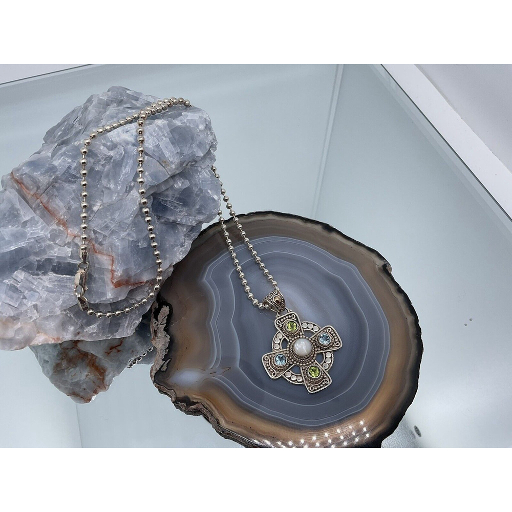 BA BALI STERLING SILVER 925 18K YG PEARL, SKY BLUE TOPAZ & PERIDOT CROSS PENDANT